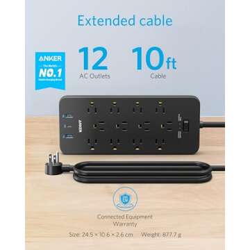 Anker Power Strip with 3 USB Ports，Surge Protector (2100J-10ft)，12 Outlets with 2 USB A Ports and 1 USB C Port,Works with iPhone 15/15 Plus/15 Pro/15 Pro Max,for Home,Office, TUV Listed