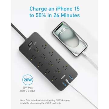 Anker Power Strip with 3 USB Ports，Surge Protector (2100J-10ft)，12 Outlets with 2 USB A Ports and 1 USB C Port,Works with iPhone 15/15 Plus/15 Pro/15 Pro Max,for Home,Office, TUV Listed