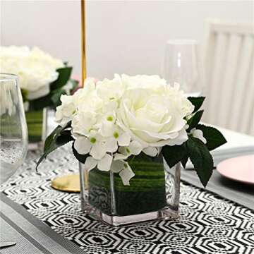 Fule Artificial Silk Rose Flower Centerpiece Arrangement in vase for Home Wedding Decoration (White)