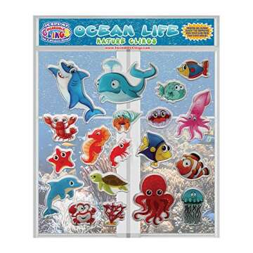 Ocean Sea Animal Gel Window Clings for Kids - Window Stickers for Toddlers, Gel Clings Window Decals Kids Jelly Reusable Sticker - Home Car Plane Airplane Activities - Underwater Life (Jesplay USA)