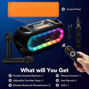 Karaoke Machine with 2 Wireless Microphones for Adults Teen, Powerful Portable Bluetooth Karaoke Speaker Loud for Party, PA System Remote Singing Machine with LED Lights, Support BT TWS USB TF, Gift