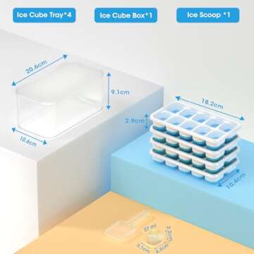 DOQAUS Ice Cube Tray with Lid and Bin, 4 Pack Silicone Plastic Ice Cube Trays for Freezer with Ice Box, Ice Trays with Ice Container, Stackable Ice Tray with Storage Ice Bucket Kits, Ice Scoop