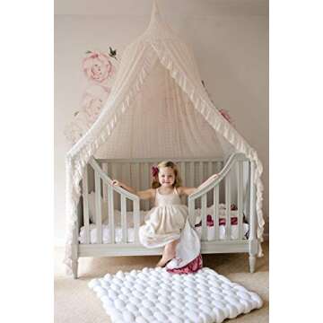 Wonder Space Elegant Kids Bed Canopy - Lace Chiffon Netting with Pom Pom, Princess Girls Fairy Dream Tent, Nursery Room Baby Crib Hanging Curtain Mosquito Net Children Reading Nook Decoration (Beige)