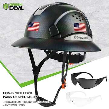 GREEN DEVIL Full Brim Hard Hat Vented Construction Safety Helmet OSHA Approved Cascos De Construccion ABS Work Hardhat for Men&Women 6 Point Adjustable Ratchet Suspension Custom Pattern Design