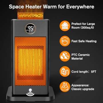 Space Heaters for Indoor Use,1500W PTC Space Heater Large Room,2s Fast Heating Heater with Sensor Humidifier 3D Flame Effect Oscillating,Heater for Bedroom,Office Medium