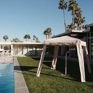 Business & Pleasure Co. Premium Beach Cabana - 6'5 W x 6.5' H Luxury Boho Beach Tent with Fringe - Lauren's Pink Stripe