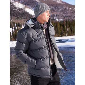 BEST SOUTH Men's Hooded Winter Puffer Jacket Fleece Warm Bubble Coat Outerwear Cold Weather