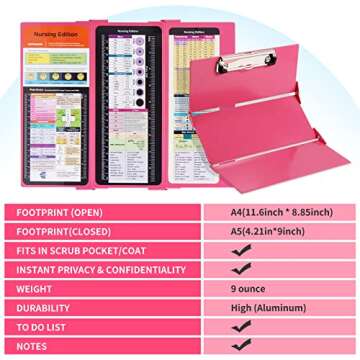 Nursing Clipboard with Nursing and Medical Edition Cheat Sheets 3 Layers Aluminum Foldable Nurse Clipboard Nursing Student Essentials - Foldable Clipboard Nursing Nursing School Essentials (Pink)