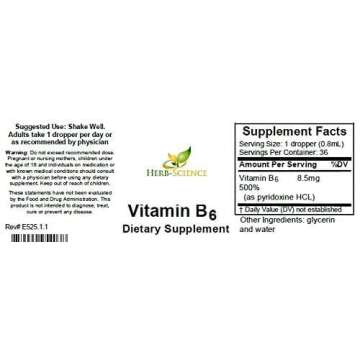 Herb-Science Liquid Vitamin B6 Drops - Pyridoxine Extract Dietary Supplement to Support Brain Function, Immunity, Nervous System, Heart Health, Metabolism - 500% DV, 36 Servings per Bottle - 1 fl. oz.