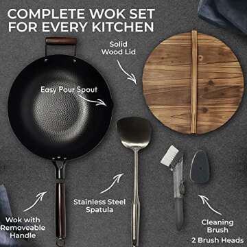 HOME EC Carbon Steel Wok Pan With Lid, Stir Fry Wok Set, Steel Spatula, and Cleaning Brush - Non-Stick Big 12.75in Flat Bottom Chinese woks & stir-fry pans