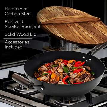 HOME EC Carbon Steel Wok Pan With Lid, Stir Fry Wok Set, Steel Spatula, and Cleaning Brush - Non-Stick Big 12.75in Flat Bottom Chinese woks & stir-fry pans