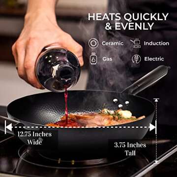 HOME EC Carbon Steel Wok Pan With Lid, Stir Fry Wok Set, Steel Spatula, and Cleaning Brush - Non-Stick Big 12.75in Flat Bottom Chinese woks & stir-fry pans