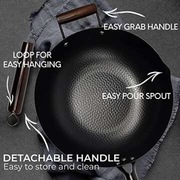 HOME EC Carbon Steel Wok Pan With Lid, Stir Fry Wok Set, Steel Spatula, and Cleaning Brush - Non-Stick Big 12.75in Flat Bottom Chinese woks & stir-fry pans