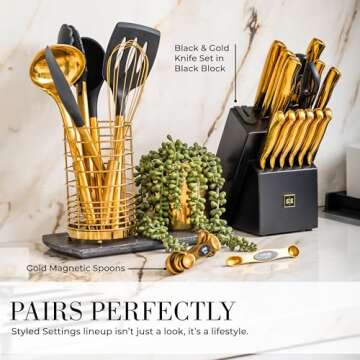 Black and Gold Kitchen Utensils Set with Holder - 7PC Gold Cooking Utensils Set Includes Gold Utensil Holder and Silicone Cooking Utensils - Elegant Gold Kitchen Accessories for Modern Cooking