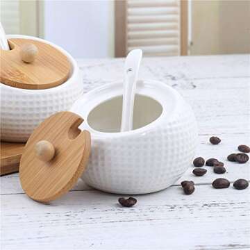 Porcelain Condiment Jar Spice Container with Lids - Bamboo Cap Holder Spot, Ceramic Serving Spoon, Wooden Tray Best Pottery Cruet Pot for Your Home, Kitchen, Counter. White,170 ML (5.8 OZ), Set of 3