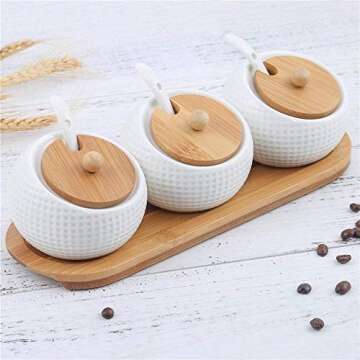 Porcelain Condiment Jar Spice Container with Lids - Bamboo Cap Holder Spot, Ceramic Serving Spoon, Wooden Tray Best Pottery Cruet Pot for Your Home, Kitchen, Counter. White,170 ML (5.8 OZ), Set of 3