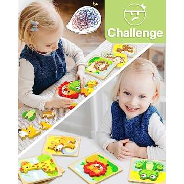 Benresive Wooden Toddler Puzzles, 6pcs Animal Montessori Toys for 1-3 Year Old Boys & Girls