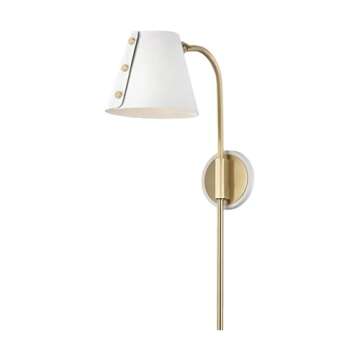 Mitzi HL174201-AGB/WH Contemporary Modern One Light Wall Sconce with Plug from Meta Collection Finish, Aged Brass/White