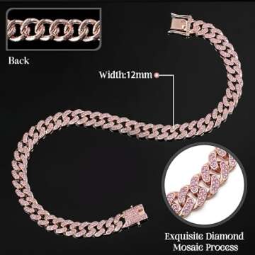 LEIFIDE Dog Chain Collar Diamond Link Dog Collar 12 mm Wide Dog Necklace Metal Cat Chain Pet Crystal Collar Jewelry Accessories for Small Medium Large Dogs Cats (Rose Gold, Pink,14 Inch)