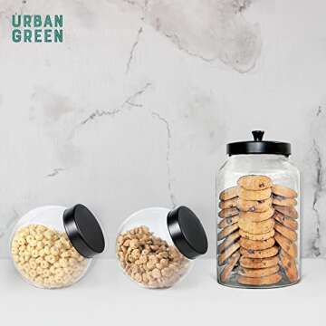 Urban Green Glass Jars with Black Lids, Glass Cookie Jars with Airtight Lids, Glass Penny Jars, Glass Candy Jars, Glass Canisters Sets with Black Lids, Glass Pantry Jars with Lids, Glass Food Storage