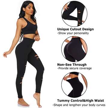 NEW YOUNG 3 Pack Ripped Leggings for Women High Waist Tummy Control Yoga Pants Cutout Workout Leggings