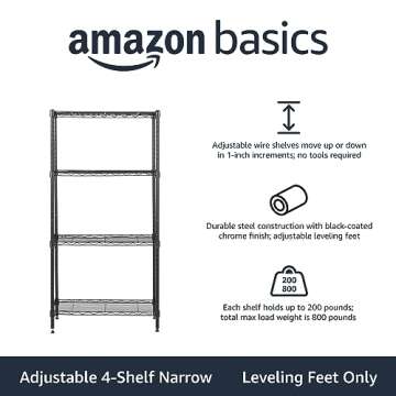 Amazon Basics 4-Shelf Narrow Adjustable Storage Shelving Unit for Home or Office