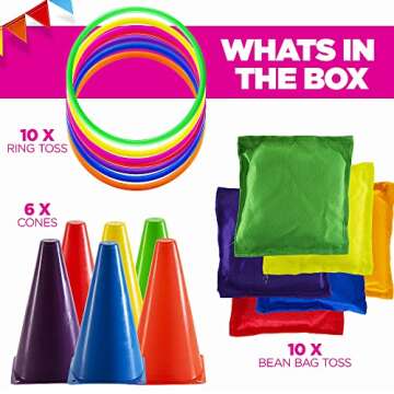 Prextex Multicolored 3-in-1 Yard Game Set - Ring Toss Game, Bean Bags, Cones - Outdoor Toys for Toddlers & Kids, Children's Indoor Play, Family Fun Carnival Games, Kids Party Cornhole Set, Lawn Games