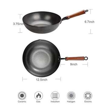 BIELMEIER 12.5" Wok Pan- Woks and Stir Fry Pans, Carbon Steel Wok, Flat Bottom Wok with Lid Suits for all Stoves