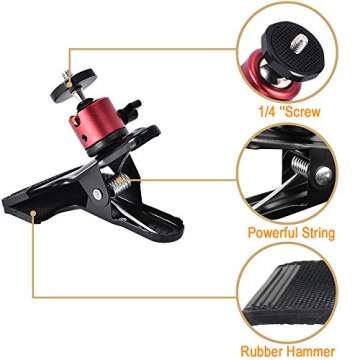 UTEBIT Tripod Camera Clip Clamp with 360 Degree Swivel Mini Ball Head 2 Pack Clip Camera Mount Photography Accessories Clamp 1/4'' Screw Black Spring Clamp for DSLR Video Photoshoot Studio