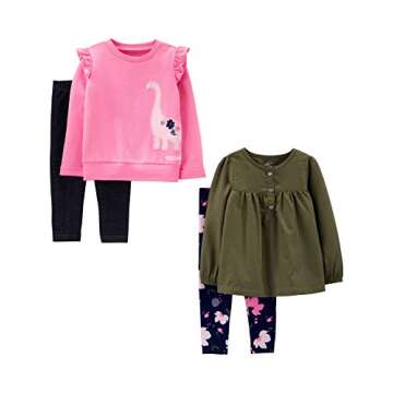 Simple Joys by Carter's Baby Girl's 4-Piece Long-Sleeve Shirts and Pants Playwear Set Pants, Olive/Pink Dino, 12M