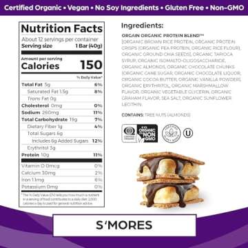 Orgain Organic Vegan Protein Bars, Smores - 10g Plant Based Protein, Low Calorie Healthy Snacks, No Lactose or Soy Ingredients, Gluten Free, Non-GMO - 1.41 Oz (Pack of 12)