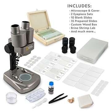 NATIONAL GEOGRAPHIC Kids Microscope Science Kit - Dual LED Microscope for Kids, Ultra Bright 20x & 50x Magnification, 35 Microscope Slides, Most Complete Microscope Kit for Kids 8-12, Biology for Kids