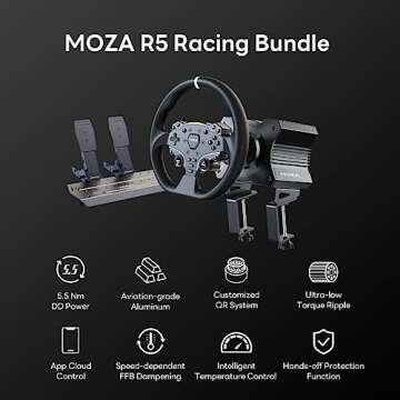 MOZA R5 All-in-One PC Gaming Racing Simulator 3PCS Bundle: 5.5Nm Direct Drive Wheel Base, 11-inch Racing Wheel, Anti-Slip Pedals and a Desk Clamp, Cloud-based App Control (Renewed)