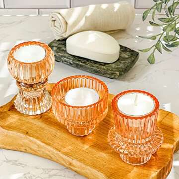 Kate Aspen Doube Sided Vintage Ribbed Rose Gold Pink Glass Candlestick Holders, Pillar Candle, Tealight & Votive Candle Holders (Set of 6, 3 Sizes), Dining Table Decor, Shelf Decor, Centerpiece