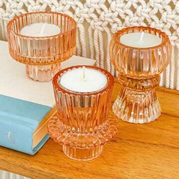 Kate Aspen Doube Sided Vintage Ribbed Rose Gold Pink Glass Candlestick Holders, Pillar Candle, Tealight & Votive Candle Holders (Set of 6, 3 Sizes), Dining Table Decor, Shelf Decor, Centerpiece