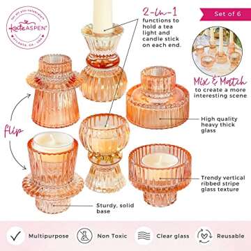 Kate Aspen Doube Sided Vintage Ribbed Rose Gold Pink Glass Candlestick Holders, Pillar Candle, Tealight & Votive Candle Holders (Set of 6, 3 Sizes), Dining Table Decor, Shelf Decor, Centerpiece