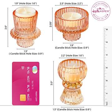 Kate Aspen Doube Sided Vintage Ribbed Rose Gold Pink Glass Candlestick Holders, Pillar Candle, Tealight & Votive Candle Holders (Set of 6, 3 Sizes), Dining Table Decor, Shelf Decor, Centerpiece