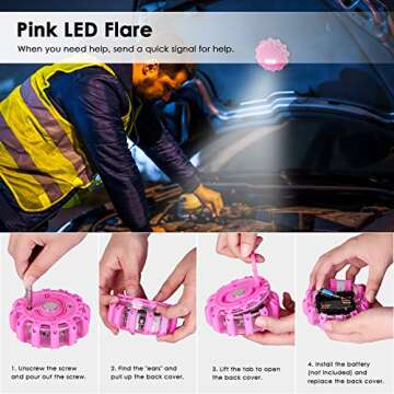 THINKWORK Car Emergency Kit for Teen Girls and Lady's Gifts, Pink Emergency Roadside Assistance Kit with 10FT Jumper, First Aid Kit, LED Flare, Deer Whistles, and More Ideal Pink Accessories Tool