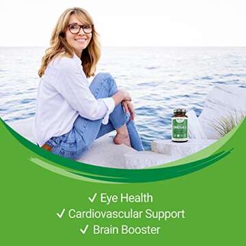 Vegan Omega-3 DHA Supplement | Plant Based Omega 3+6 Fatty Acids | More Absorbable, Improved Formula | Supports Heart, Brain, Joint Health | Fish Oil Alternative - No Fishy Burps