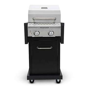 Megamaster 2-Burner Propane Barbecue Gas Grill with Foldable Side Tables, Perfect for Camping, Outdoor Cooking, Patio, Garden Barbecue Grill, 28000 BTUs, Silver and Black, 720-0864MA