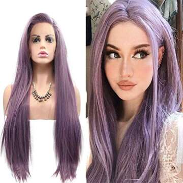 Purple Wigs Long Straight Synthetic Lace Front Wigs for Women Handmade Realistic Looking Wig Ash Lavender Side Part Glueless Wig Heat Friendly Hair Replacement Wigs Cosplay Costume Daily Wigs 24 Inch