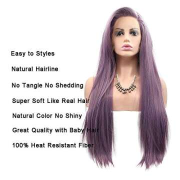 Purple Wigs Long Straight Synthetic Lace Front Wigs for Women Handmade Realistic Looking Wig Ash Lavender Side Part Glueless Wig Heat Friendly Hair Replacement Wigs Cosplay Costume Daily Wigs 24 Inch