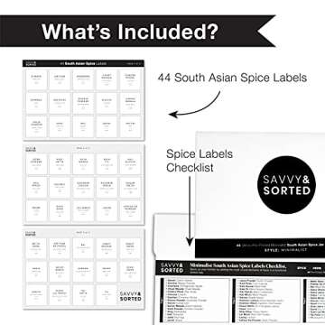 SAVVY & SORTED Spice Labels, 44 South Asian Spice Jar Stickers - Waterproof Kitchen Pantry Labels for Organizing Indian Spices