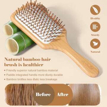 Hair Brush-Natural Wooden Bamboo Brush and Detangle Tail Comb Instead of Brush Cleaner Tool, Paddle Hairbrush for Women Men and Kids Make Thin Long Curly Hair Health and Massage Scalp