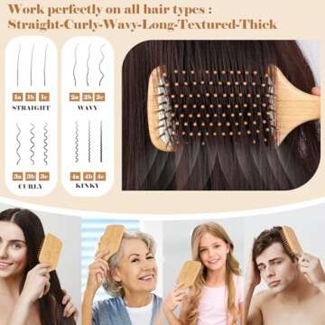 Hair Brush-Natural Wooden Bamboo Brush and Detangle Tail Comb Instead of Brush Cleaner Tool, Paddle Hairbrush for Women Men and Kids Make Thin Long Curly Hair Health and Massage Scalp