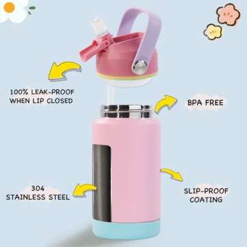 Kerilyn 12oz Insulated Water Bottle for Kids, Stainless Steel Insulated Kids Water Bottle, Toddler Cup with Straws Leak-Proof, Kids Water Bottles for School Boys Girls, BPA Free, Charm Pink