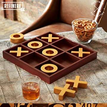 Refinery Premium Solid Wood Tic-Tac-Toe Board Game, Giant Gold 14” Coffee Table Home Decor, Classic Indoor/Outdoor Party Game for Children & Adults