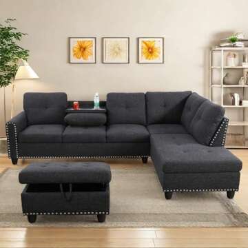 ChicFurnit L Shaped Sectional Couches, Modular Sectional Sofa with Ottoman Storage, Nail-Head Design Lounge Sofa with Reversible Cup Holder for Living Room, Bedroom, Gray