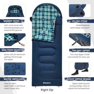 KingCamp Cotton Flannel Sleeping Bag, 90x35 Sleeping Bags for Adults Cold Weather, Big and Tall, Zip Together for 2P Sleeping Bag for 4 Season, Lightweight, Water Resistant for Camping Backpacking