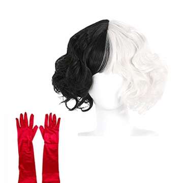 Rauoawby Women Black and White Wigs with for Cruella de Vil Cosplay Curly Bob Hair with Red Satin Opera Gloves for Girls Dress Up Birthday Gift (Black and White)